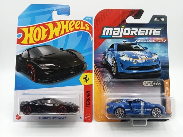 Hot Wheels Ferrari SF90 Stradale and Majorette Rescue World Alpine A110 S