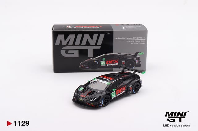 Mini GT 1129 Lamborghini Huracán GT3 EVO2 #45 No. 45 DEX Imaging  2024 IMSA Daytona 24 Hrs